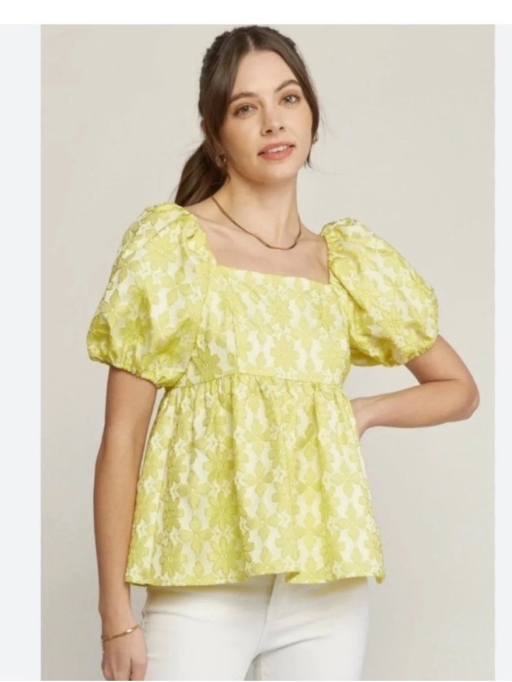 Entro Yellow Floral Puff Sleeve Babydoll Blouse Square Neck Top Size S